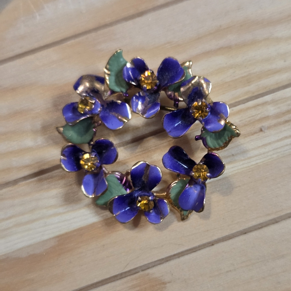 Vintage Enamel Suffrogette Floral Brooch with Purple and Gold Accents